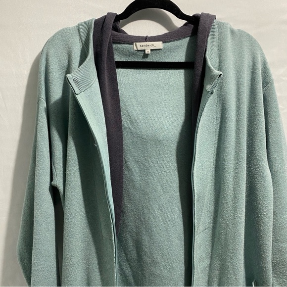 Sandwich_ Mint Green Hooded Open Front Cardigan Sweater Duster Pockets cozy M - Picture 6 of 14
